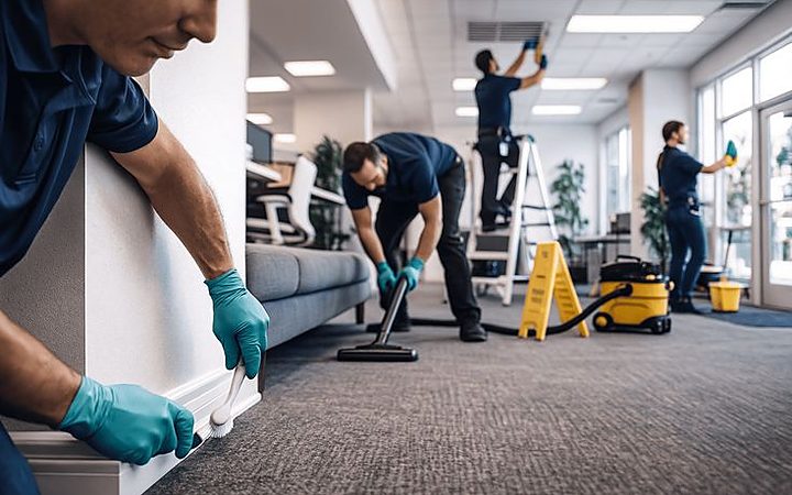 فريق نظافة يعمل داخل مكتب: شفط وتلميع وتنظيف زجاج