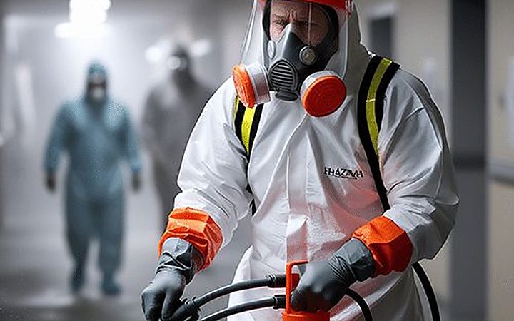 فني بمعدات وقاية كاملة يرش ممرات منشأة